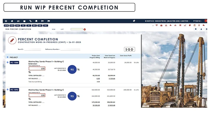 Enterprise Project Management Run WIP Percent Completion screenshot - Globe3 ERP