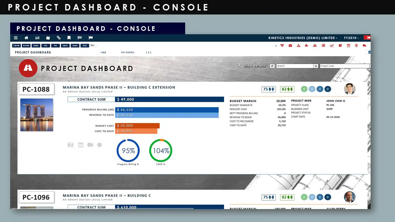 Construction - Project Dashboard Screenshot Globe3 ERP