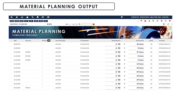 Material Requirement Planning (MRP) Material Planning Output screenshot - Globe3 ERP